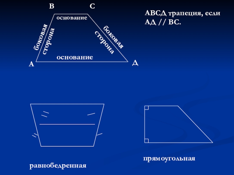Презентация по геометрии 8 класс Свойства трапеции. Теорема Фалеса основаниеоснованиебоковаясторонабоковая сторонаАВСДАВСД трапеция, если АД // ВС. равнобедреннаяпрямоугольная основаниеоснованиебоковаясторонабоковая сторонаАВСДАВСД трапеция, если АД // ВС. равнобедреннаяпрямоугольная