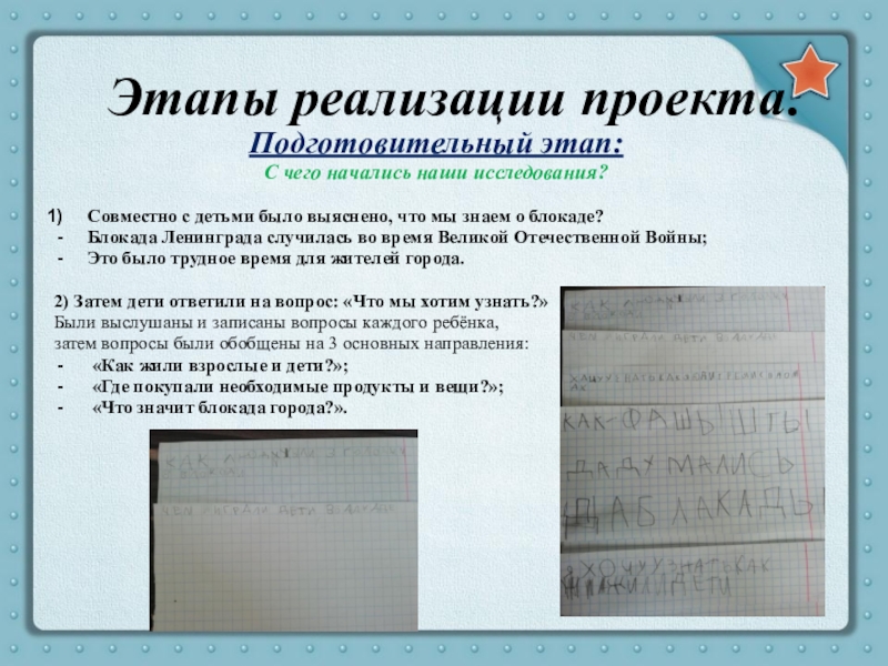Презентация Ленинград. Блокада. Подвиг Этапы реализации проекта:Подготовительный этап: С чего начались наши исследования? Совместно Этапы реализации проекта:Подготовительный этап: С чего начались наши исследования? Совместно с детьми было выяснено, что