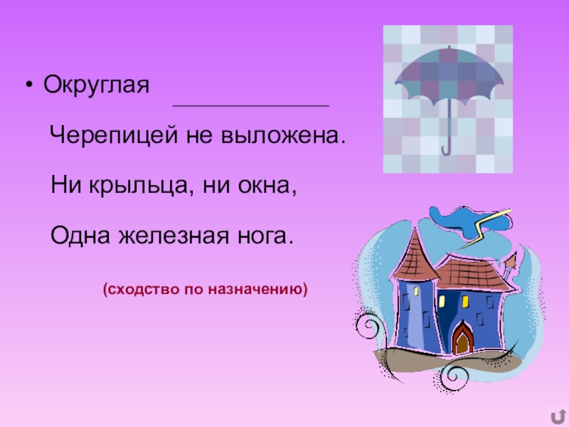 Презентация по русскому языку Обучение составлению загадки на основе метафоры Округлая Черепицей не выложена. Ни крыльца, ни окна, Одна железная нога. (сходство по назначению) Округлая Черепицей не выложена. Ни крыльца, ни окна, Одна железная нога. (сходство по назначению)