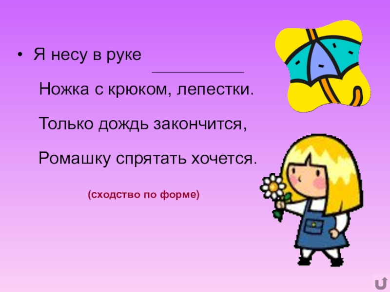 Презентация по русскому языку Обучение составлению загадки на основе метафоры Я несу в руке Ножка с крюком, лепестки. Только Я несу в руке Ножка с крюком, лепестки. Только дождь закончится, Ромашку спрятать хочется. (сходство по