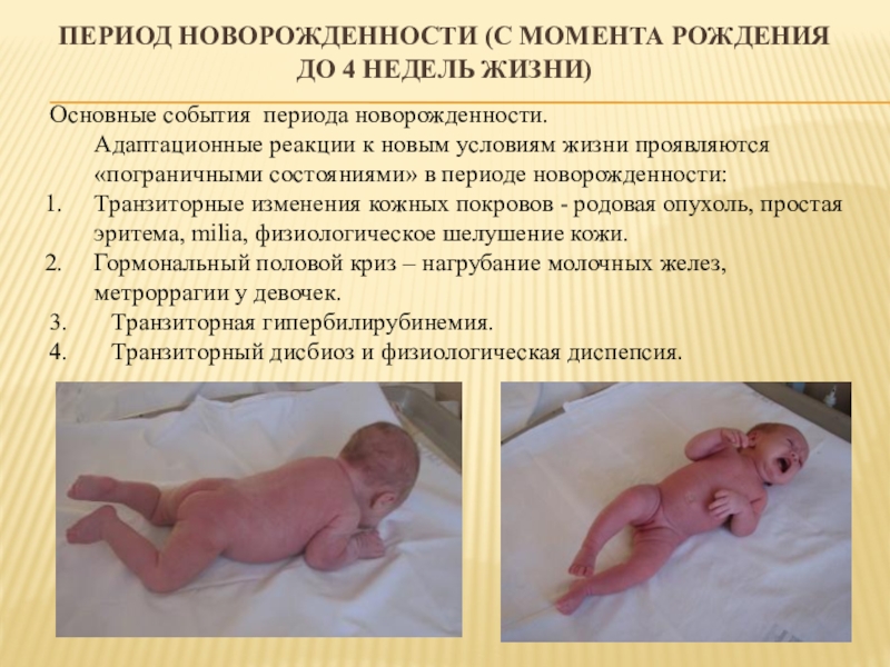 Особенности развития детей грудного возраста Период новорожденности (с момента рождения до 4 недель жизни) Основные события Период новорожденности (с момента рождения до 4 недель жизни) Основные события периода новорожденности. Адаптационные реакции к новым условиям