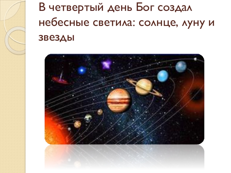 Презентация по Основам Православной культуры на тему Бог и человек в Православии ( 4 класс) В четвертый день Бог создал небесные светила: солнце, луну и звезды В четвертый день Бог создал небесные светила: солнце, луну и звезды