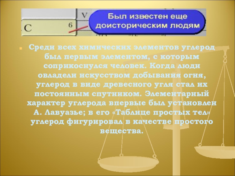 Презентация по химии на тему Углерод Среди всех химических элементов углерод был первым элементом, с которым соприкоснулся Среди всех химических элементов углерод был первым элементом, с которым соприкоснулся человек. Когда люди овладели искусством добывания