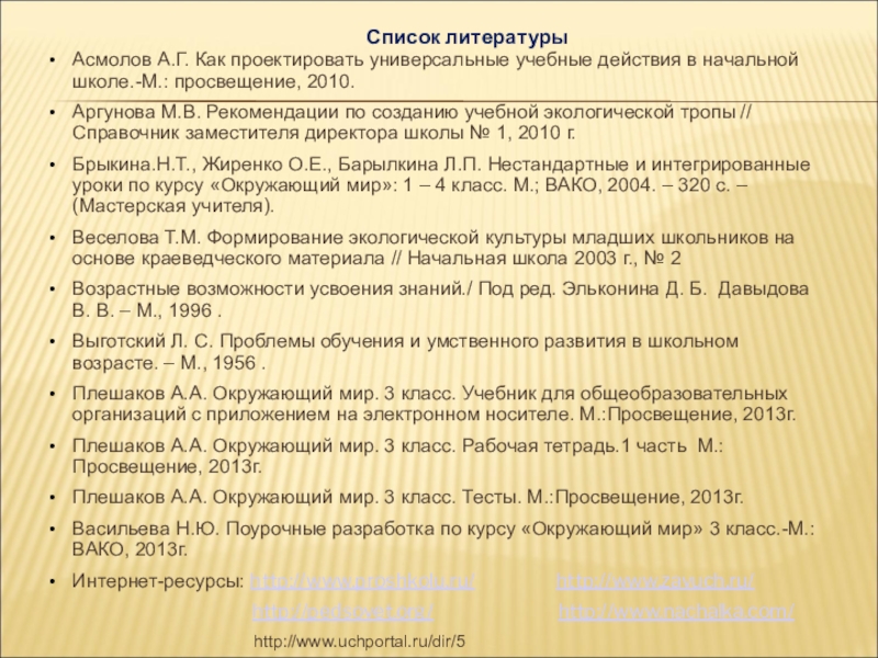 Методическая разработка раздела программы по окружающему миру Список литературыАсмолов А.Г. Как проектировать универсальные учебные действия в начальной школе.-М.: Список литературыАсмолов А.Г. Как проектировать универсальные учебные действия в начальной школе.-М.: просвещение, 2010.Аргунова М.В. Рекомендации по созданию