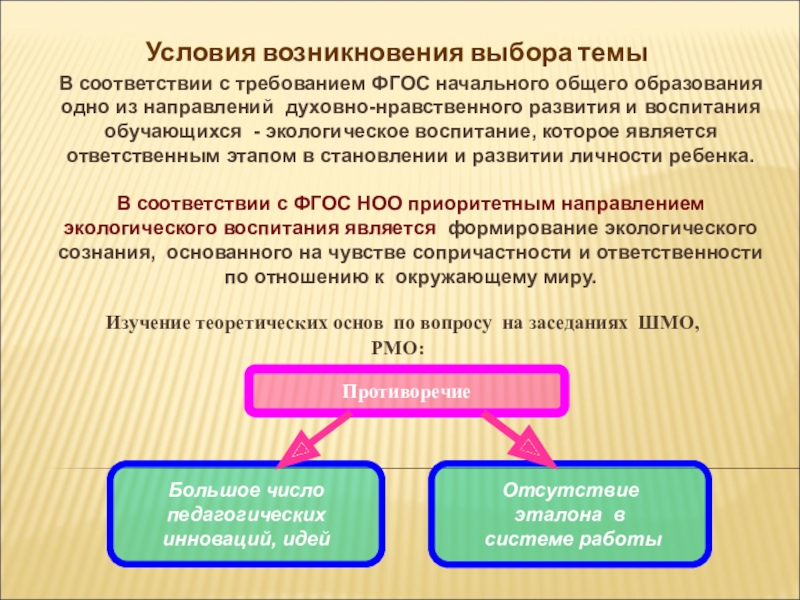 Методическая разработка раздела программы по окружающему миру Условия возникновения выбора темыВ соответствии с требованием ФГОС начального общего образования Условия возникновения выбора темыВ соответствии с требованием ФГОС начального общего образования одно из направлений духовно-нравственного развития и
