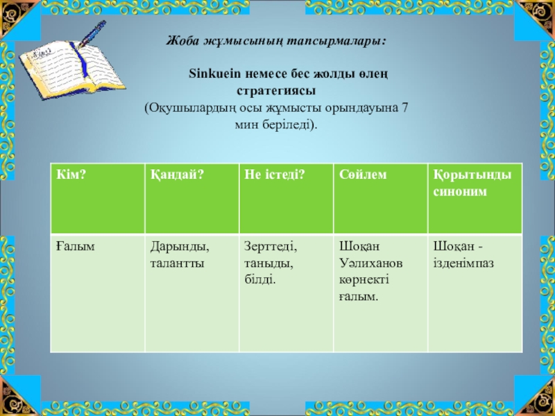 Шоқан Уәлиханов тақырыбына жоба жұмысы(10сынып) Жоба жұмысының тапсырмалары: Sinkuein немесе бес жолды өлең Жоба жұмысының тапсырмалары: Sinkuein немесе бес жолды өлең