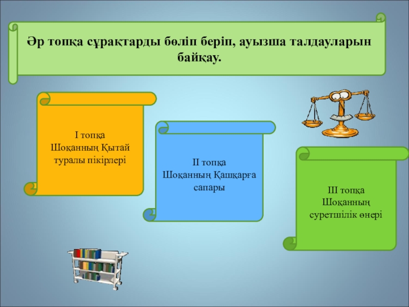 Шоқан Уәлиханов тақырыбына жоба жұмысы(10сынып) І топқа Шоқанның Қытай туралы пiкiрлерiІІ топқа Шоқанның Қашқарға сапары ІІІ І топқа Шоқанның Қытай туралы пiкiрлерiІІ топқа Шоқанның Қашқарға сапары ІІІ топқа Шоқанның суретшілік өнері Әр топқа