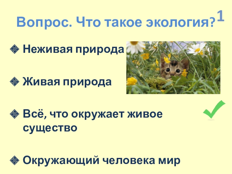 Презентация по экологии по интегрированному уроку Информатика-Окружающий мир (4 класс) Вопрос. Что такое экология?Неживая природаЖивая природаВсё, что окружает живое существоОкружающий человека мир1 Вопрос. Что такое экология?Неживая природаЖивая природаВсё, что окружает живое существоОкружающий человека мир1
