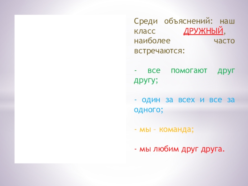 Презентация. Проект Дружный ли наш класс? Среди объяснений: наш класс ДРУЖНЫЙ, наиболее часто встречаются:- все помогают друг Среди объяснений: наш класс ДРУЖНЫЙ, наиболее часто встречаются:- все помогают друг другу;- один за всех и все