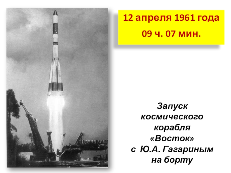 Презентация ко ДНЮ КОСМОНАВТИКИ 12 апреля 1961 года09 ч. 07 мин.Запуск космического корабля «Восток»с Ю.А. Гагаринымна борту 12 апреля 1961 года09 ч. 07 мин.Запуск космического корабля «Восток»с Ю.А. Гагаринымна борту