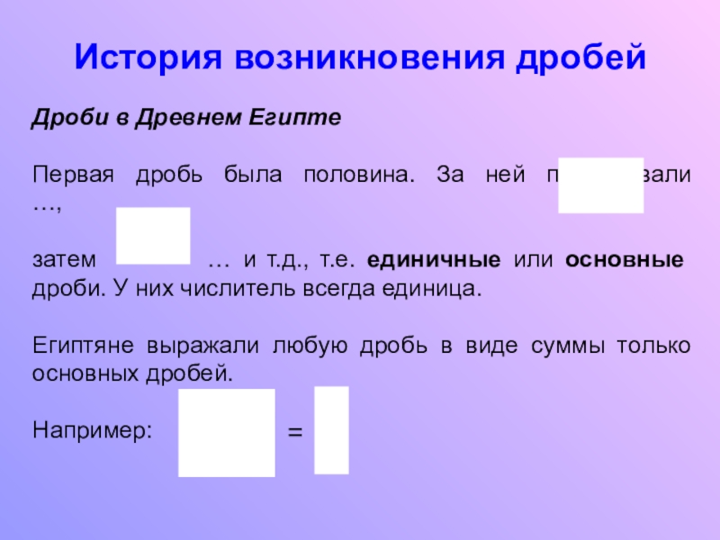 Презентация по математике на тему Обыкновенные дроби (5 класс) История возникновения дробей Дроби в Древнем ЕгиптеПервая дробь была половина. За История возникновения дробей Дроби в Древнем ЕгиптеПервая дробь была половина. За ней последовали