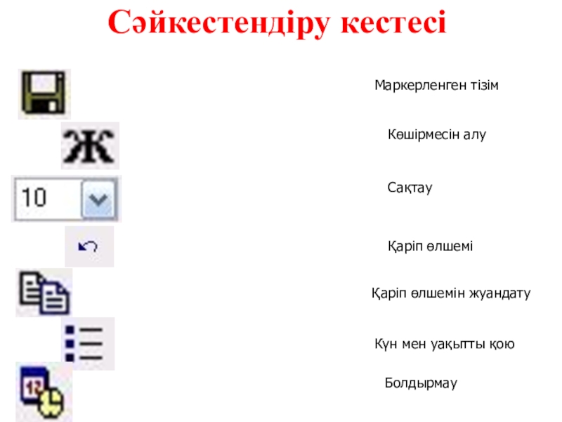 Қарапайым мәтіндік редактор Сәйкестендіру кестесіСақтауҚаріп өлшеміҚаріп өлшемін жуандатуБолдырмау Көшірмесін алуМаркерленген тізімКүн мен уақытты қою Сәйкестендіру кестесіСақтауҚаріп өлшеміҚаріп өлшемін жуандатуБолдырмау Көшірмесін алуМаркерленген тізімКүн мен уақытты қою