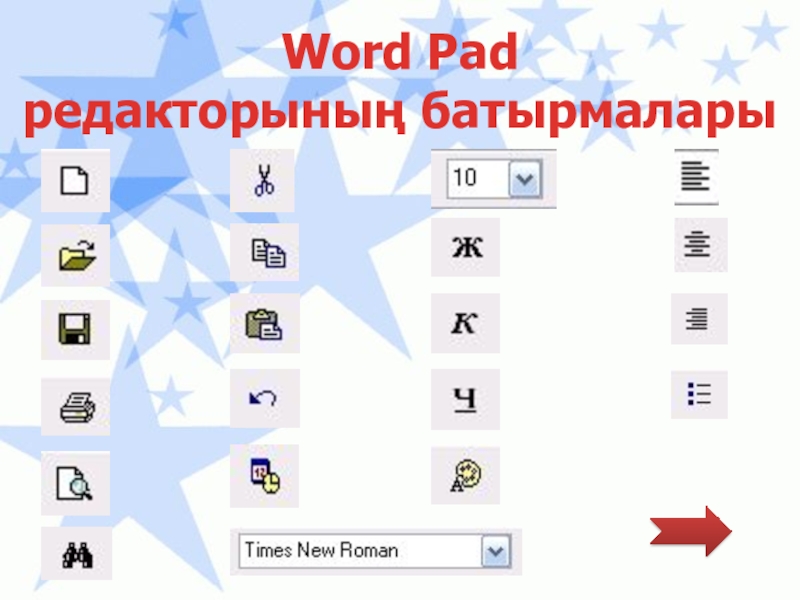 Қарапайым мәтіндік редактор Word Pad редакторының батырмалары Word Pad редакторының батырмалары