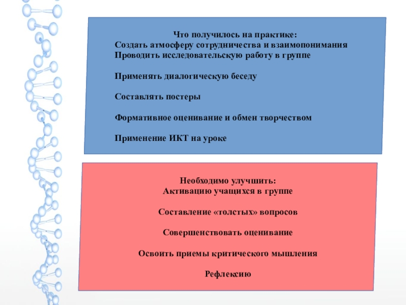 Презентация по одному модулю Что получилось на практике:Создать атмосферу сотрудничества и взаимопониманияПроводить исследовательскую работу в Что получилось на практике:Создать атмосферу сотрудничества и взаимопониманияПроводить исследовательскую работу в группеПрименять диалогическую беседуСоставлять постерыФормативное оценивание и