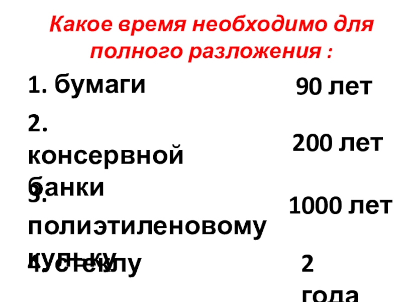 Презентация к классному часу Какое время необходимо для полного разложения :1. бумаги 2. консервной банки Какое время необходимо для полного разложения :1. бумаги 2. консервной банки 3. полиэтиленовому кульку4. стеклу90 лет200 лет