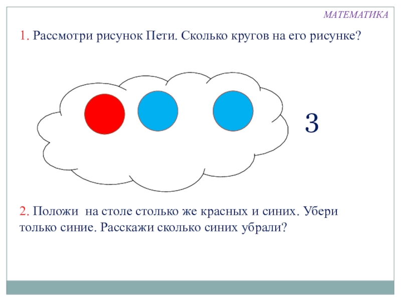 Презентация по математике на тему Вычитание (1 класс) 1. Рассмотри рисунок Пети. Сколько кругов на его рисунке?32. Положи на 1. Рассмотри рисунок Пети. Сколько кругов на его рисунке?32. Положи на столе столько же красных и синих.