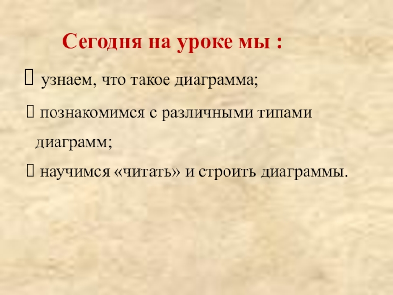 Презентация к 9 уроку, глава 2 Сегодня на уроке мы : узнаем, что такое диаграмма; Сегодня на уроке мы : узнаем, что такое диаграмма; познакомимся с различными типами диаграмм;
