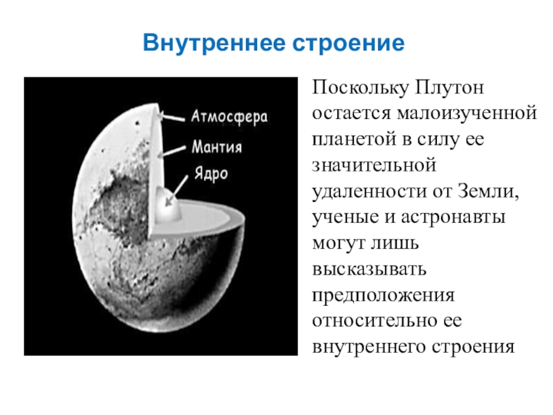 Презентация к классному часу Планета Плутон Внутреннее строениеПоскольку Плутон остается малоизученной планетой в силу ее значительной удаленности Внутреннее строениеПоскольку Плутон остается малоизученной планетой в силу ее значительной удаленности от Земли, ученые и астронавты могут