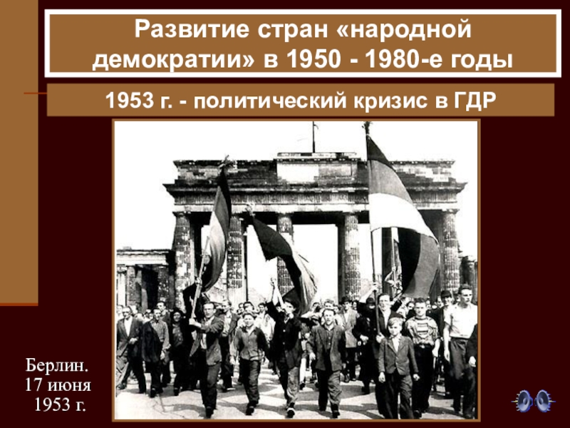 Презентация по истории на тему: Восточная Европа во второй половине ХХ века Развитие стран «народной демократии» в 1950 - 1980-е годы 1953 г. Развитие стран «народной демократии» в 1950 - 1980-е годы 1953 г. - политический кризис в ГДР
