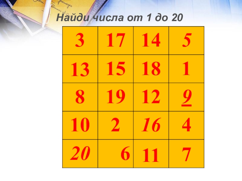 Презентация математический Квн в 7 классе Найди числа от 1 до 20 Найди числа от 1 до 20