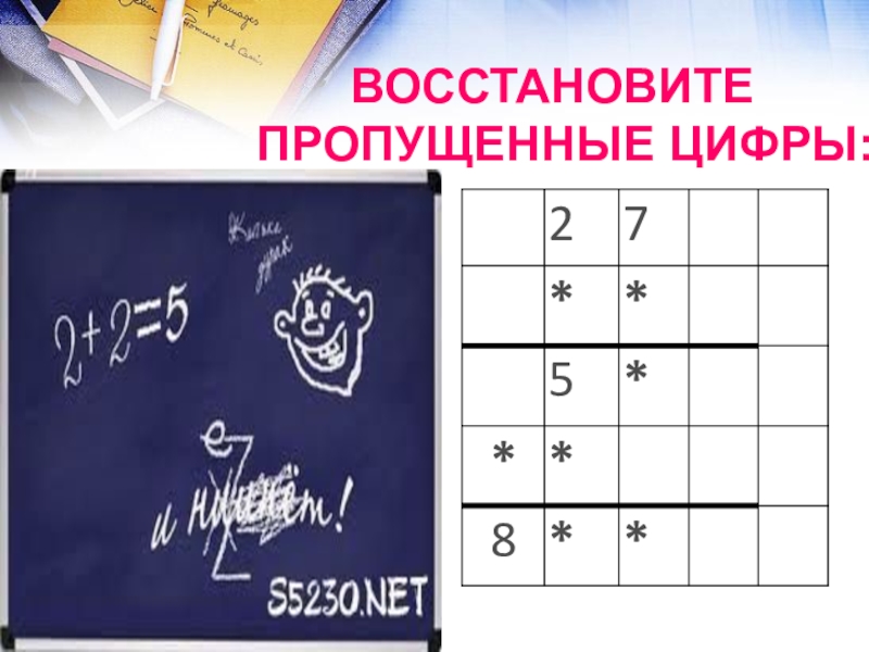 Презентация математический Квн в 7 классе ВОССТАНОВИТЕ ПРОПУЩЕННЫЕ ЦИФРЫ: ВОССТАНОВИТЕ ПРОПУЩЕННЫЕ ЦИФРЫ:
