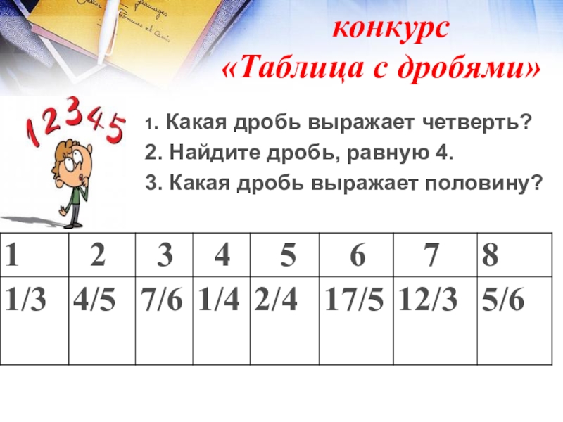 Презентация математический Квн в 7 классе конкурс «Таблица с дробями» 1. Какая дробь конкурс «Таблица с дробями» 1. Какая дробь выражает четверть?2.