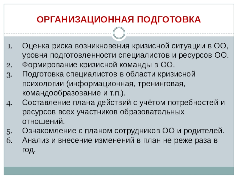 ОСОБЕННОСТИ РАБОТЫ С ПЕДАГОГАМИ ПРИ ВОЗНИКНОВЕНИИ КРИЗИСНОЙ СИТУАЦИИ В ОБРАЗОВАТЕЛЬНОЙ ОРГАНИЗАЦИИ Оценка риска возникновения кризисной ситуации в ОО, уровня подготовленности специалистов и Оценка риска возникновения кризисной ситуации в ОО, уровня подготовленности специалистов и ресурсов ОО.Формирование кризисной команды в ОО.Подготовка