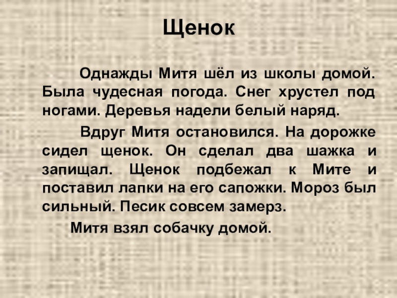 Обучающее изложение по русскому языку с презентацией Щенок Однажды Митя шёл из школы домой. Была чудесная Однажды Митя шёл из школы домой. Была чудесная погода. Снег хрустел под