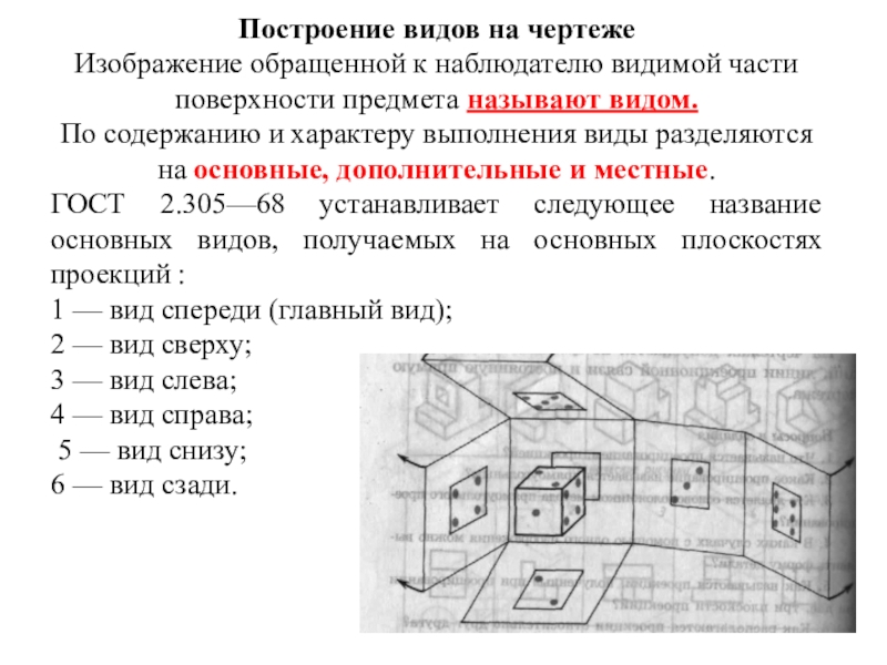 Презентация по ИГ: Виды Построение видов на чертежеИзображение обращенной к наблюдателю видимой части поверхности предмета Построение видов на чертежеИзображение обращенной к наблюдателю видимой части поверхности предмета называют видом.По содержанию и характеру выполнения