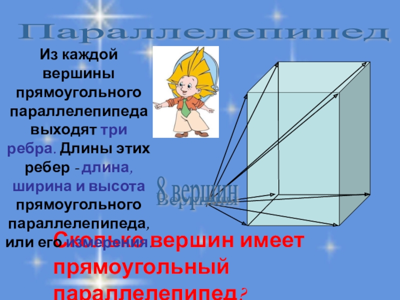 Прямоугольный параллелепипед. Куб. Площадь поверхности. Параллелепипед Сколько вершин имеет прямоугольный параллелепипед? Вершины 8 вершин Из каждой Параллелепипед Сколько вершин имеет прямоугольный параллелепипед? Вершины 8 вершин Из каждой вершины прямоугольного параллелепипеда выходят три ребра.