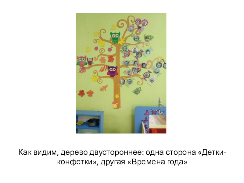 Мастер-класс Чудо-дерево. Оформление предметно-развивающей среды. Как видим, дерево двустороннее: одна сторона «Детки-конфетки», другая «Времена года» Как видим, дерево двустороннее: одна сторона «Детки-конфетки», другая «Времена года»