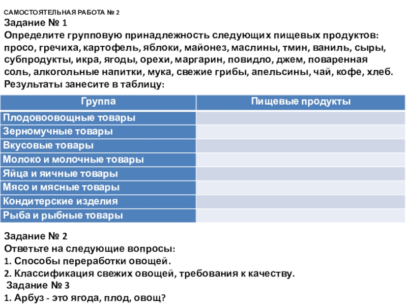 Овощи, плоды, грибы САМОСТОЯТЕЛЬНАЯ РАБОТА № 2Задание № 1Определите групповую принадлежность следующих пищевых продуктов: САМОСТОЯТЕЛЬНАЯ РАБОТА № 2Задание № 1Определите групповую принадлежность следующих пищевых продуктов: просо, гречиха, картофель, яблоки, майонез, маслины,