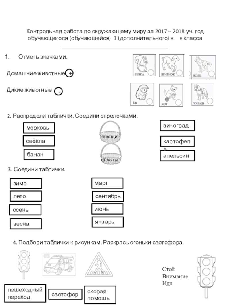 Промежуточная аттестация по окружающему миру в 1 дополнительном классе для детей с нарушением слуха. Контрольная работа по окружающему миру за 2017 – 2018 уч. год Контрольная работа по окружающему миру за 2017 – 2018 уч. год обучающегося (обучающейся) 1 (дополнительного) «