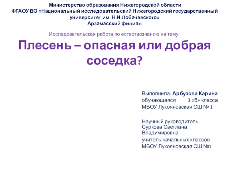 Презентация на тему Исследовательская работа по естествознанию на тему: Плесень – Исследовательская работа по естествознанию на тему: Плесень – опасная или добрая соседка?Выполнила: Арбузова Каринаобучающаяся