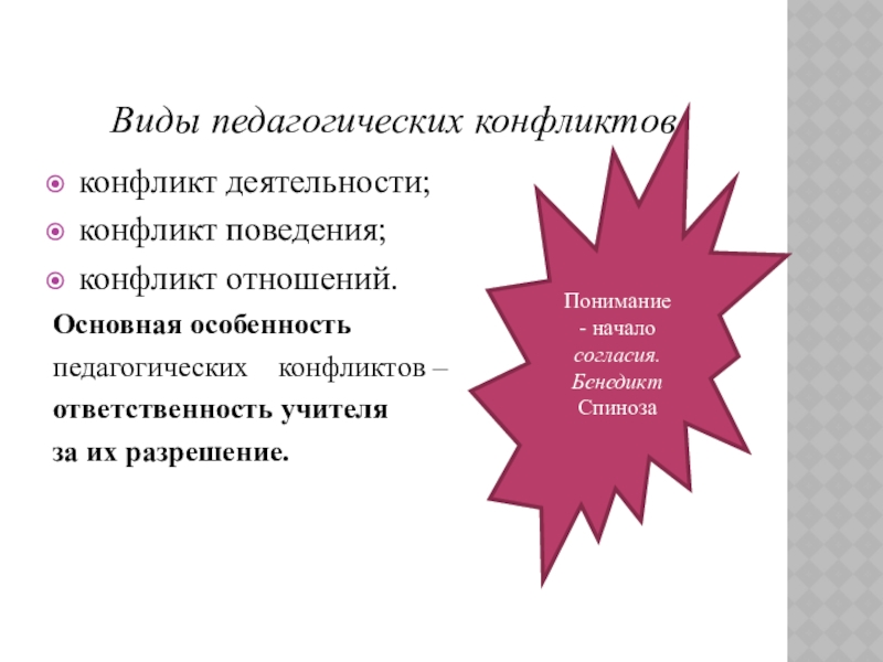 Презентация к уроку Приемы конструктивного разрешения конфликтов Виды педагогических конфликтовконфликт деятельности;конфликт поведения;конфликт отношений.Основная особенностьпедагогических конфликтов – ответственность учителя Виды педагогических конфликтовконфликт деятельности;конфликт поведения;конфликт отношений.Основная особенностьпедагогических конфликтов – ответственность учителя за их разрешение.Понимание - начало