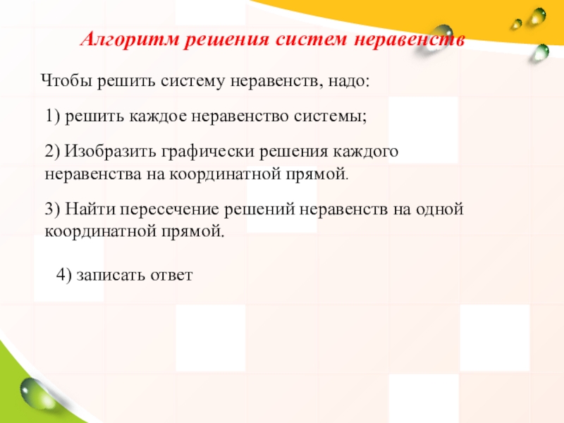 Презентация по математике 8 класс на тему Решение систем неравенств с одной переменной Алгоритм решения систем неравенствЧтобы решить систему неравенств, надо:1) решить каждое неравенство Алгоритм решения систем неравенствЧтобы решить систему неравенств, надо:1) решить каждое неравенство системы;2) Изобразить графически решения каждого неравенства