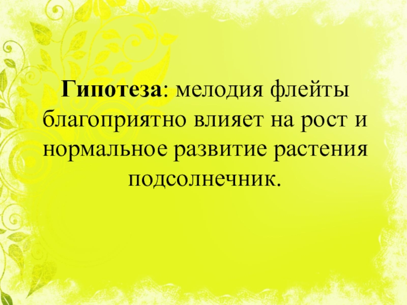 Как растёт цветок солнца под звуки флейты Гипотеза: мелодия флейты благоприятно влияет на рост и нормальное развитие растения подсолнечник. Гипотеза: мелодия флейты благоприятно влияет на рост и нормальное развитие растения подсолнечник.