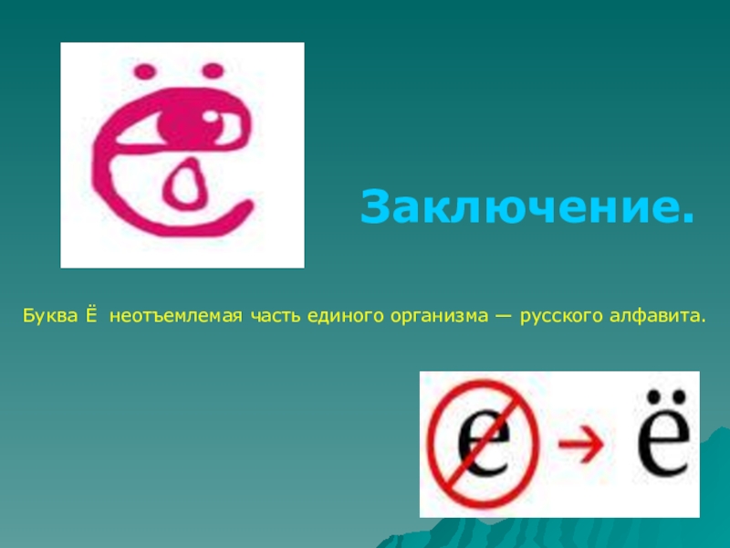 Презентация по русскому языку: В чём различие буквы е и ё. Заключение. Буква Ё неотъемлемая часть единого организма — русского алфавита. Заключение. Буква Ё неотъемлемая часть единого организма — русского алфавита.