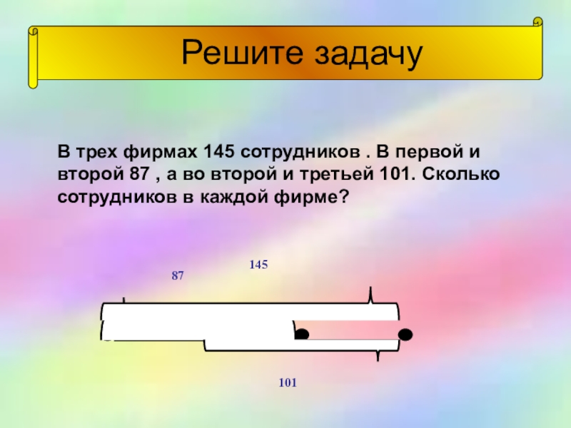 Урок математики 4 класс Деловая игра Решите задачуВ трех фирмах 145 сотрудников . В первой Решите задачуВ трех фирмах 145 сотрудников . В первой и второй 87 , а