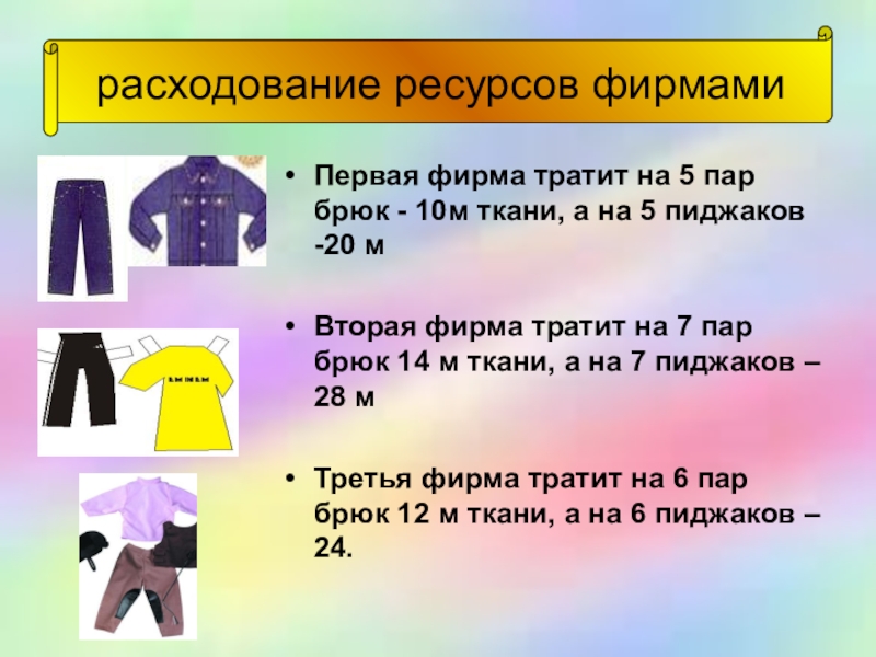Урок математики 4 класс Деловая игра Первая фирма тратит на 5 пар брюк - 10м ткани, а Первая фирма тратит на 5 пар брюк - 10м ткани, а на 5 пиджаков -20 мВторая фирма