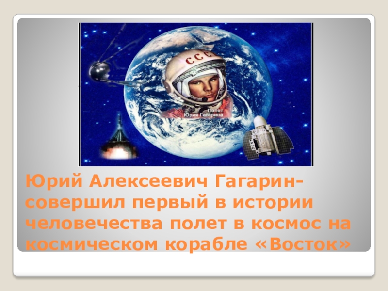 Страна,открывшая дорогу в космос Юрий Алексеевич Гагарин-совершил первый в истории человечества полет в космос на космическом корабле «Восток» Юрий Алексеевич Гагарин-совершил первый в истории человечества полет в космос на космическом корабле «Восток»