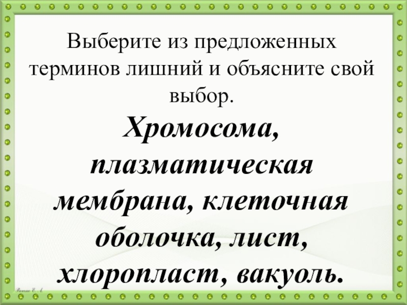 Презентация по биологии на тему Образование новых клеток Выберите из предложенных терминов лишний и объясните свой выбор.Хромосома, плазматическая мембрана, клеточная оболочка, лист, хлоропласт, вакуоль. Выберите из предложенных терминов лишний и объясните свой выбор.Хромосома, плазматическая мембрана, клеточная оболочка, лист, хлоропласт, вакуоль.