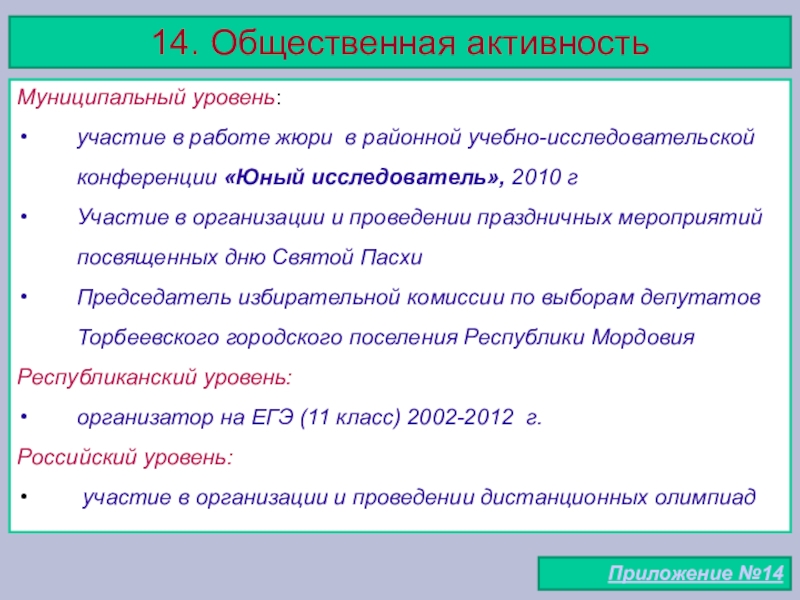 Портфолио учителя начальных классов 14. Общественная активностьМуниципальный уровень: участие в работе жюри в районной учебно-исследовательской 14. Общественная активностьМуниципальный уровень: участие в работе жюри в районной учебно-исследовательской конференции «Юный исследователь», 2010 гУчастие в организации