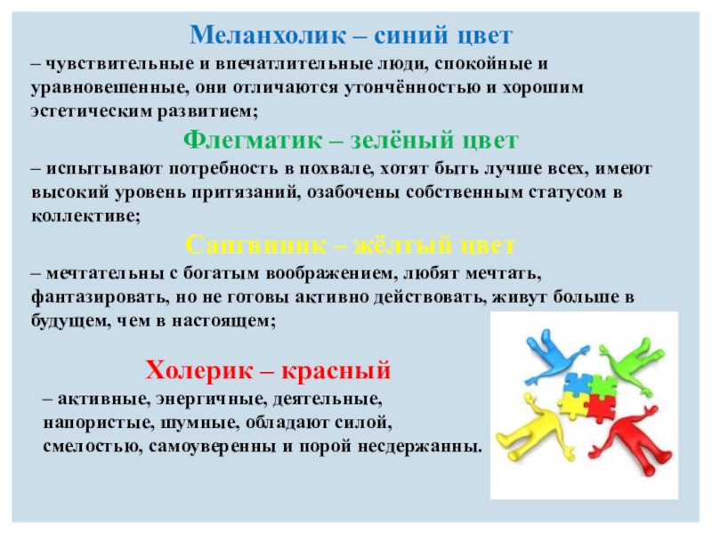 Презентация к уроку по профессиональному самоопределению (9 класс) Меланхолик – синий цвет – чувствительные и впечатлительные люди, спокойные и уравновешенные, Меланхолик – синий цвет – чувствительные и впечатлительные люди, спокойные и уравновешенные, они отличаются утончённостью и хорошим эстетическим