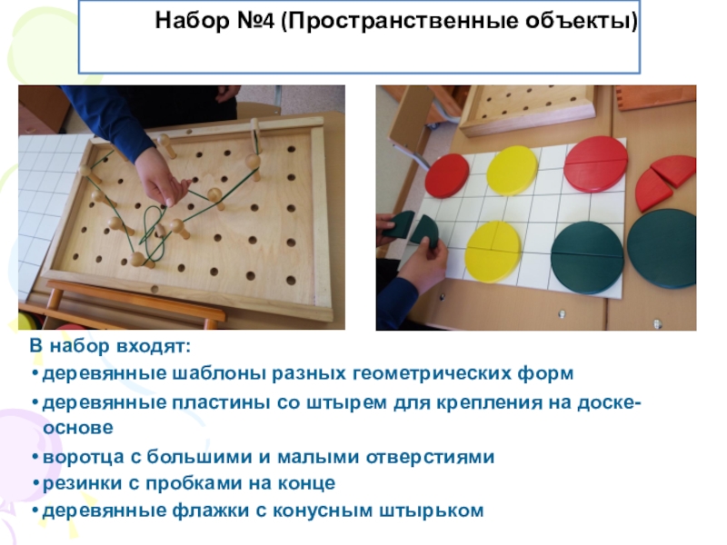 Набор №4 (Пространственные объекты)В набор входят:деревянные шаблоны разных геометрических формдеревянные пластины со штырем для крепления на доске-