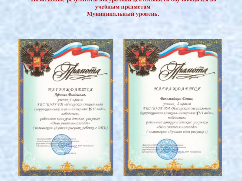 Аттестация учителя -логопеда СКОШ Портфолио Позитивные результаты внеурочной деятельности обучающихся по учебным предметам Муниципальный уровень. Позитивные результаты внеурочной деятельности обучающихся по учебным предметам Муниципальный уровень.