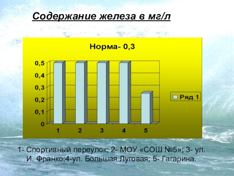 Презентация Состояние питьевой воды 1- Спортивный переулок; 2- МОУ «СОШ №5»; 3- ул. И. Франко;4-ул. 1- Спортивный переулок; 2- МОУ «СОШ №5»; 3- ул. И. Франко;4-ул. Большая Луговая; 5- Гагарина.Содержание железа в