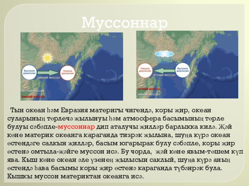 Презентация по географии Ветер (6 класс) Муссоннар Тын океан һәм Евразия материгы чигендә, коры җир, океан Муссоннар Тын океан һәм Евразия материгы чигендә, коры җир, океан суларының төрлечә җылынуы һәм