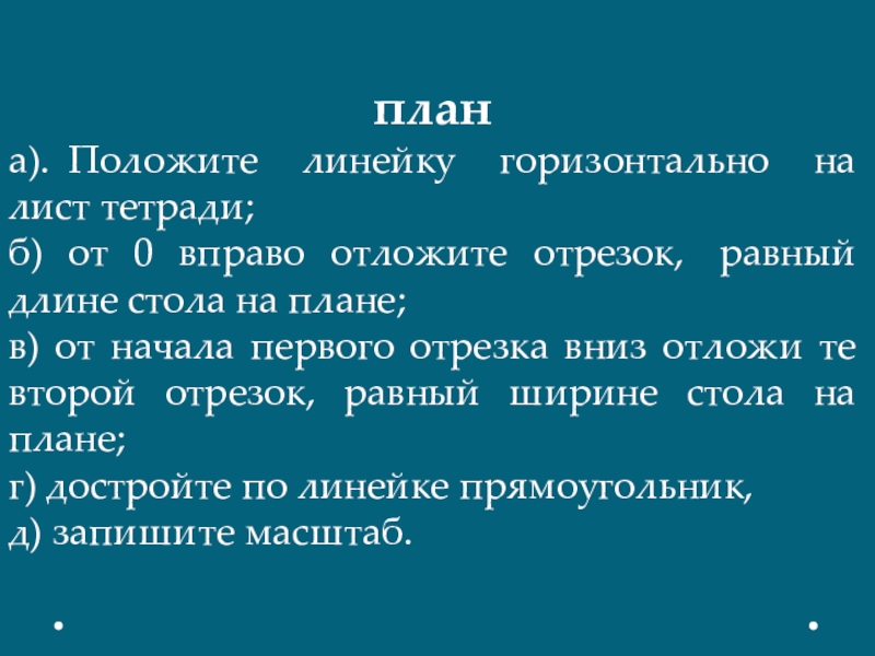 Интегрированный урок по географии на тему План и масштаб (6 класс) для учащихся с ОВЗ. план а). Положите линейку горизонтально на лист тетради;б) план а). Положите линейку горизонтально на лист тетради;б) от 0 вправо отложите отрезок, равный