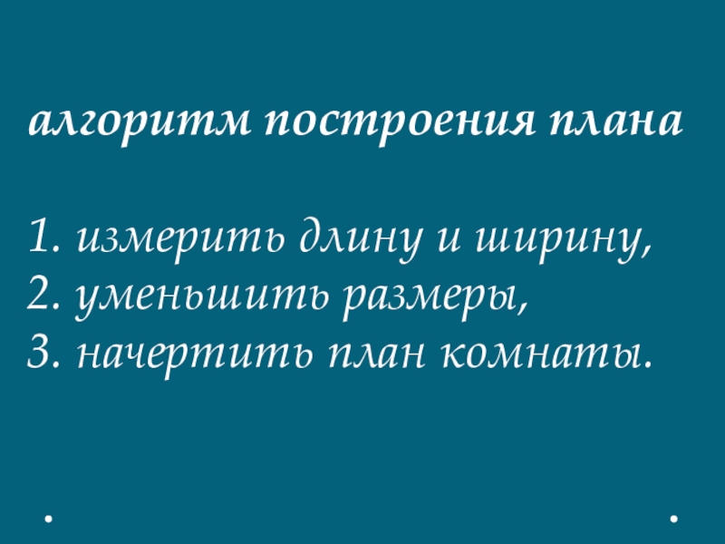 Интегрированный урок по географии на тему План и масштаб (6 класс) для учащихся с ОВЗ. алгоритм построения плана1. измерить длину и ширину, 2. уменьшить размеры,3. начертить план комнаты. алгоритм построения плана1. измерить длину и ширину, 2. уменьшить размеры,3. начертить план комнаты.
